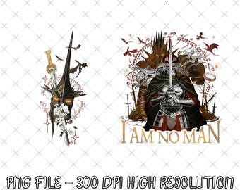 以下が含まれることがあります： 2つのファンタジーフィギュアを描いたデジタルイラスト。片方は剣とドラゴンを持つ暗いヘルメット、もう片方は「I AM NO MAN」というテキストが入った剣を持つ戦士。画像はPNGファイルです。