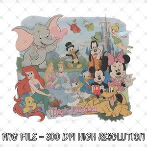 May include: A digital graphic illustration featuring various Disney characters including Dumbo, Ariel, Cinderella, Mickey Mouse, Minnie Mouse, Donald Duck, and Goofy in front of a castle with the text Magic Kingdom printed at the bottom center.