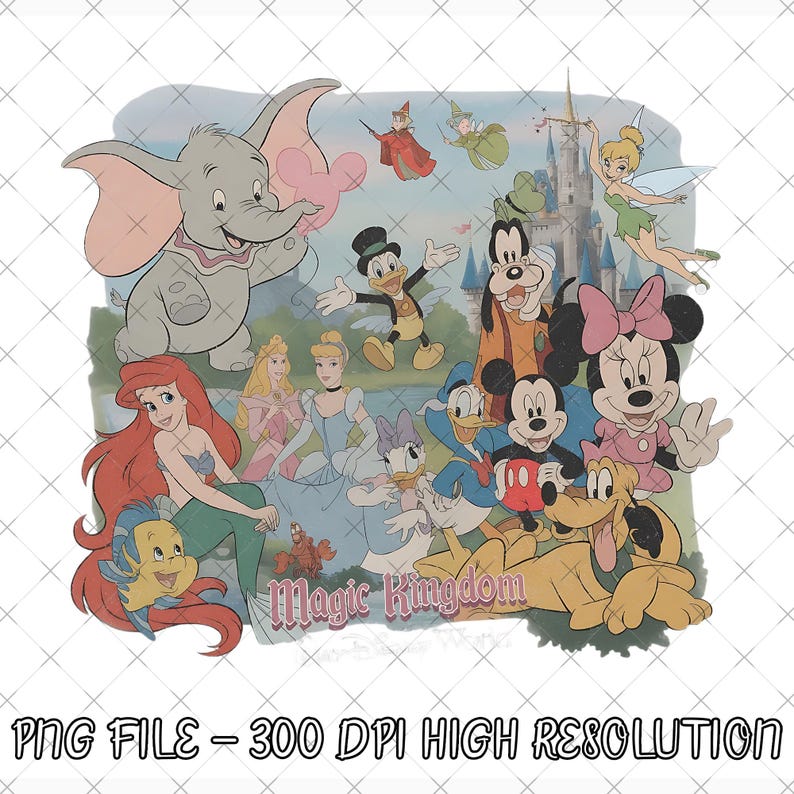 May include: A digital graphic illustration featuring various Disney characters including Dumbo, Ariel, Cinderella, Mickey Mouse, Minnie Mouse, Donald Duck, and Goofy in front of a castle with the text Magic Kingdom printed at the bottom center.