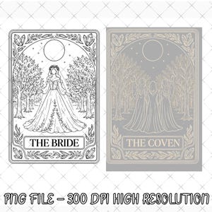 May include: Two rectangular tarot-style cards featuring black line art on white and gray backgrounds. The left card shows a figure in a gown labeled THE BRIDE. The right card shows three figures in hooded robes labeled THE COVEN, both set in forest scenes.