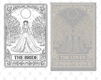 May include: Two rectangular tarot-style cards featuring black line art on white and grey backgrounds. The left card shows a figure in a gown labelled THE BRIDE. The right card shows three figures in hooded robes labelled THE COVEN, both set in forest scenes.