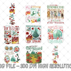 May include: A collection of nine colorful digital designs featuring imagery from The Wizard of Oz. Each design includes iconic elements like ruby slippers, a witch's hat, and the Emerald City, with text such as "Off to See The Wizard."