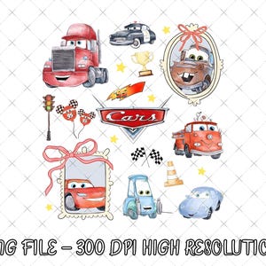 May include: Watercolor illustrations of various cartoon cars, including a red semi-truck, a police car, and a fire truck. Other elements include a trophy, checkered flags, and the word "Cars". The text "PNG FILE - 300 DPI HIGH RESOLUTION" is also present.