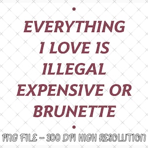 Op de afbeelding: Een digitale afbeelding met de tekst "EVERYTHING I LOVE IS ILLEGAL EXPENSIVE OR BRUNETTE" in bordeauxrood. De zin is gecentreerd op een witte achtergrond met een subtiel ruitpatroon. De onderkant van de afbeelding luidt "PNG FILE - 300 DPI HIGH RESOLUTION."
