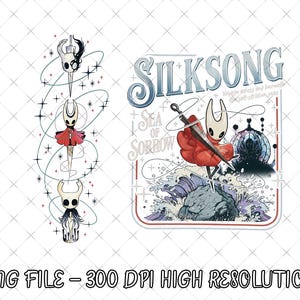 Puede incluir: Ilustración digital con personajes del videojuego Hollow Knight. La imagen incluye una serie de figuras estilizadas con una combinación de colores blanco y negro, y el texto "Silksong" con texto e imágenes adicionales.