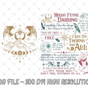 May include: A digital design featuring celestial and fantasy elements. The design includes a mountain range, dragons, stars, moons, and text that reads "Hello Feyre Darling" and other quotes. The design is in shades of gold, brown, and teal.