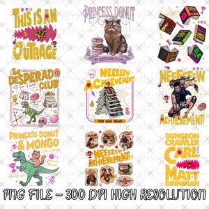 Może przedstawiać: Kolekcja kolorowych grafik z tekstem i ilustracjami. Projekty obejmują kota z koroną, dinozaura, książki oraz frazy "This is an Outrage", "Princess Donut" i "The Desperado Club".