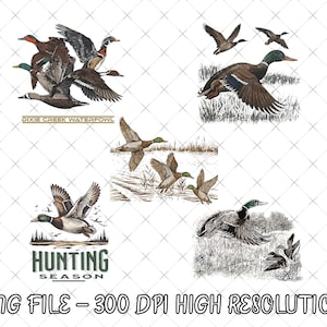 May include: A collection of illustrations featuring ducks in flight and resting. The images include ducks with brown, green, and white feathers. One image has the text "DIXIE CREEK WATERFOWL", and another has the text "HUNTING SEASON".