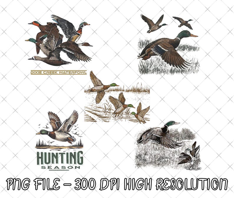 May include: A collection of illustrations featuring ducks in flight and resting. The images include ducks with brown, green, and white feathers. One image has the text "DIXIE CREEK WATERFOWL", and another has the text "HUNTING SEASON".