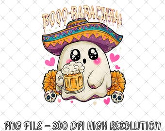 May include: A cartoon ghost wearing a sombrero and holding a beer stein. The ghost is white with large black eyes and pink cheeks. The sombrero is purple, orange, and yellow. The image includes the text "BOOO-RACHA!".