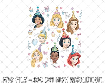 May include: Digital illustration of nine cartoon princesses wearing party hats, with cupcakes, gifts, and confetti. Each princess has a unique hairstyle and expression. The text at the bottom reads "PNG FILE - 300 DPI HIGH RESOLUTION."