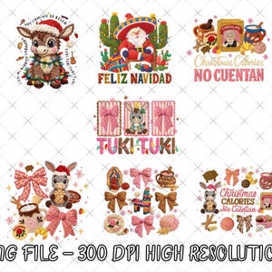 Peut inclure: Plusieurs motifs numériques sur le thème de Noël avec des illustrations festives. Comprend un âne avec un bonnet de Père Noël, le Père Noël et du texte qui dit "Feliz Navidad" et "Christmas Calories No Cuentan".