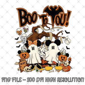 May include: A graphic design featuring the text 'BOO TO YOU!' in orange and black. Two cartoon characters dressed as ghosts hold orange pumpkin buckets. The scene includes a brown tree, bats, a tombstone with 'RIP', skulls, and balloons.