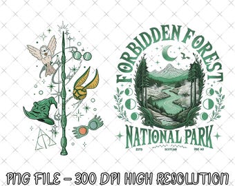 May include: A digital graphic with two designs. One side features a wand, owl, glasses, sorting hat, snitch, and other magical elements. The other design reads "Forbidden Forest National Park" with a landscape scene. The text "PNG FILE - 300 DPI HIGH RESOLUTION" is at the bottom.