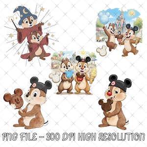 以下が含まれることがあります： 様々なポーズのチップとデールが登場する漫画のイラスト集。魔法使いの衣装を着た姿や、アイスクリームや綿菓子などの食べ物を持っている姿も。下部には「PNG FILE - 300 DPI HIGH RESOLUTION」と書かれています。