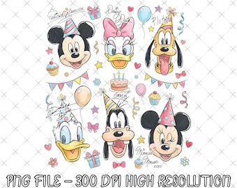 Watercolor Mickey & Friends Signature Birthday Png, Disney Mickey Minnie Donald Pluto Birthday Present Gift Tee, Disneyland Family Trip