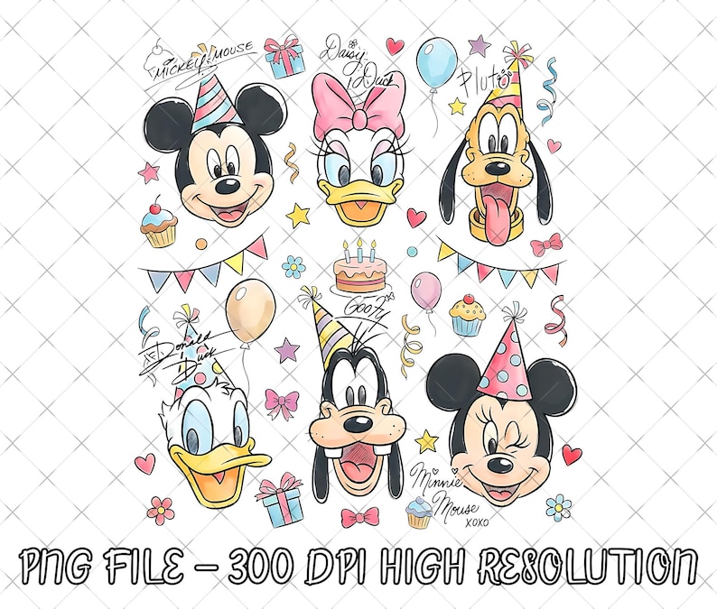 May include: A colorful digital illustration featuring Mickey Mouse, Minnie Mouse, Donald Duck, Daisy Duck, Goofy, and Pluto, all wearing party hats. The image includes balloons, cupcakes, gifts, and a birthday cake, with the text "PNG FILE - 300 DPI HIGH RESOLUTION".