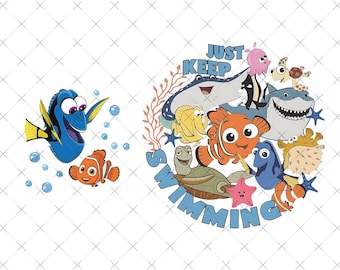 May include: A digital graphic featuring a blue tang fish and an orange clownfish with bubbles, alongside a circular arrangement of various sea creatures including a sea turtle, shark, and stingray with the text JUST KEEP SWIMMING.