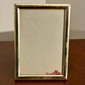 May include: A rectangular gold picture frame. The frame has a simple design with a narrow border. The frame is empty, with a light tan backing. A small red stain is visible at the bottom.