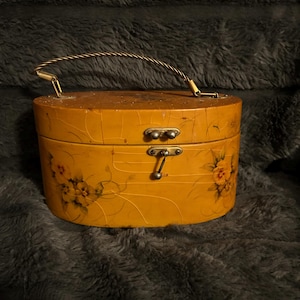 Vintage Yellow Decoupage Wooden Purse Handbag Floral Design Signed And Dated By Artist