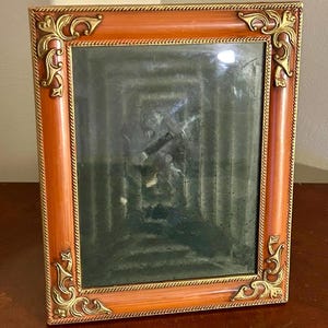 May include: A rectangular picture frame with a reddish-brown finish and gold-coloured corner accents. The frame has a rope-like texture along the inner and outer edges. The glass inside the frame is dark.
