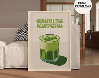 Może przedstawiać: Cyfrowa ilustracja szklanki z lodowatym matcha z tekstem "Craving Matcha" w retro czcionce.
