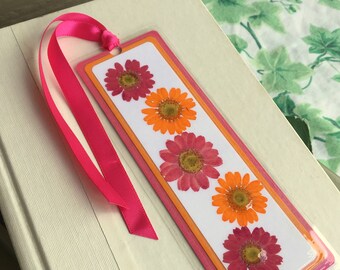 Pressed Flower Pink and Orange Daisies Laminated Bookmark