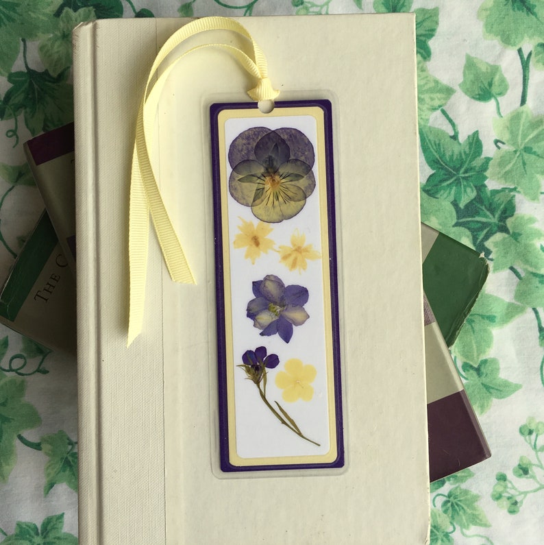 Pressed Flower Bookmark Laminated Dark Purple and Yellow Floral Collage Laminated image 2