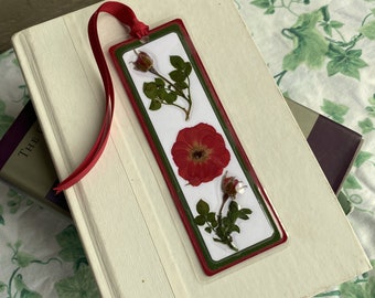 Red Rose and Rosebud Pressed Flower Laminated Bookmark