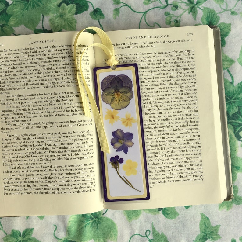 Pressed Flower Bookmark Laminated Dark Purple and Yellow Floral Collage Laminated image 3