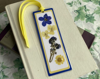 Laminated Pressed Flower Bookmark Blue and Yellow