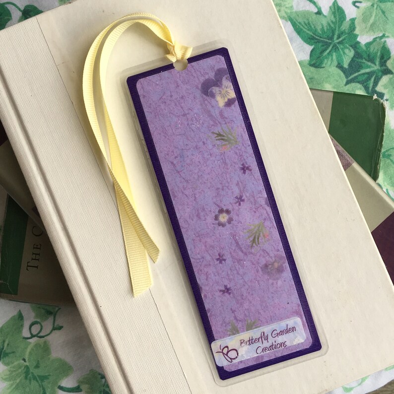 Pressed Flower Bookmark Laminated Dark Purple and Yellow Floral Collage Laminated image 4