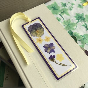 Pressed Flower Bookmark Laminated Dark Purple and Yellow Floral Collage Laminated image 1