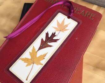 Yellow and Red Pressed Fall Autumn Leaves Laminated Bookmark