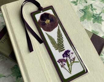 Purple and Green Pressed Flower and Leaf Laminated Bookmark