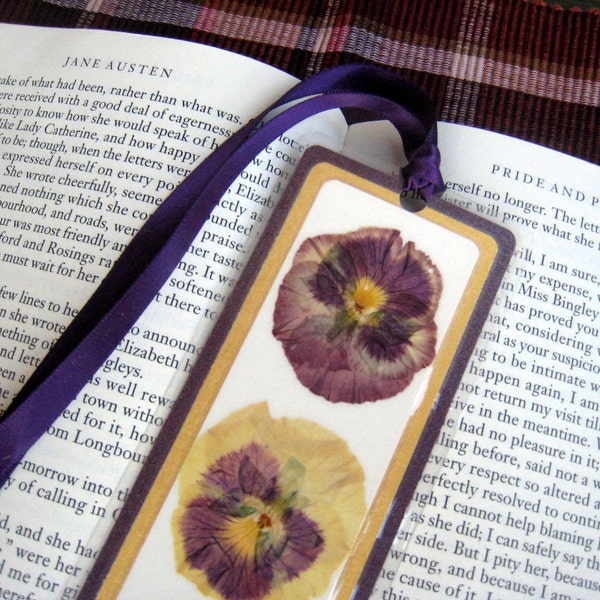 Pressed Flower Purple and Yellow Pansy Laminated Bookmark