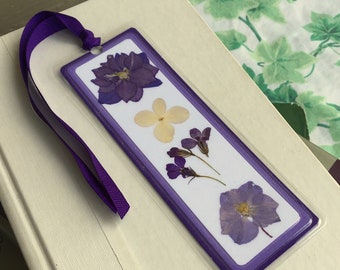 Purple Pressed Flower Laminated Bookmark Dark and Light Purple Floral Collage