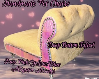 Handmade Pet Chaise: Yellow Minky, Iridescent Alligator Accents