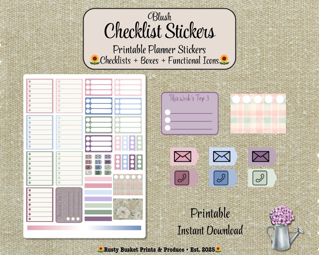 Planner Stickers • Checklists, Boxes & Functional Flags | Blush - Etsy