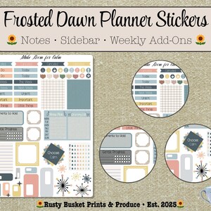 Notas, barra lateral + complementos • Hoja de pegatinas imprimibles para planificador • Happy Planner y Erin Condren / Frosted Dawn