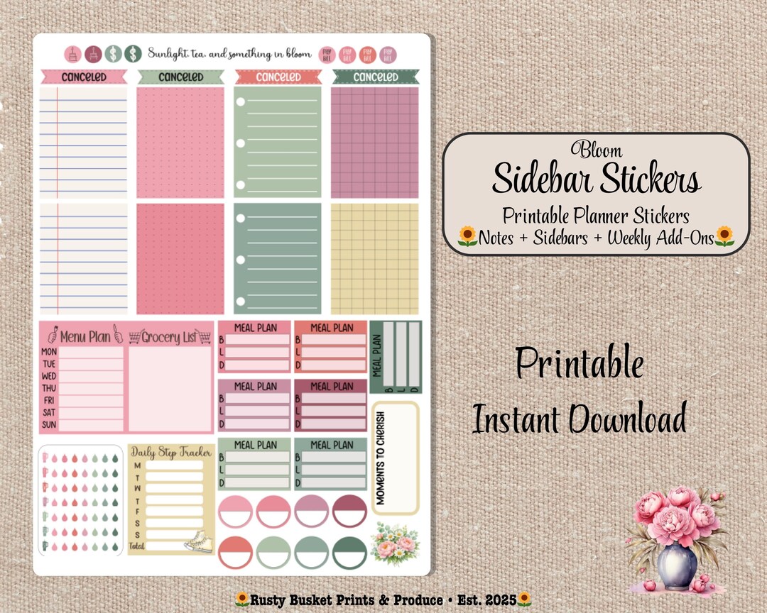 Sidebar + Meal Planning Stickers • Printable Planner Stickers • Weekly ...