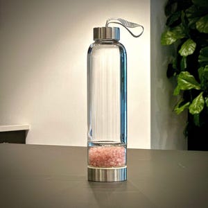 Rose Quartz Gemstone Glass Bottle, Pink Healing Crystals for Hydration, Vitality, Wellness, Chakra Balancing,Love, Special Gift, Birthday