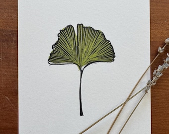 Original Linocut Print of Gingko Leaf | 2-Color Handmade Nature Art