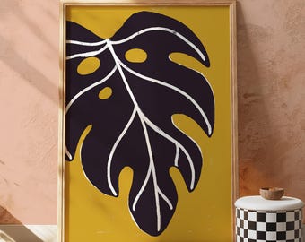 Monstera Leaf Printable Wall Art | Bold Linocut Style Jungle Botanical Print | Digital Download Decor