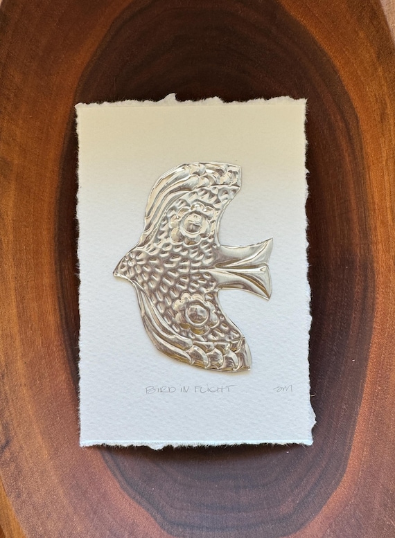 Handmade Embossed Tin Bird Artwork Mounted to Heavyweight Archival Paper - 6"x4"
