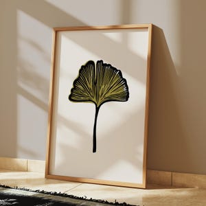 Printable Ginkgo Leaf Wall Art | Bold Linocut Style Botanical Print | Minimalist Black and White Nature Decor | Instant Download