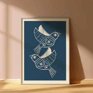 Ilustracja z ptakiem w stylu ludowym, rustykalnym, boho, do pobrania w wersji cyfrowej