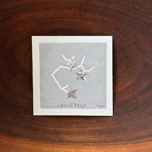 May include: A small, square artwork featuring the Sagittarius constellation. The design includes three silver star-shaped embellishments connected by white lines against a gray background. The word "SAGITTARIUS" is written below the constellation.