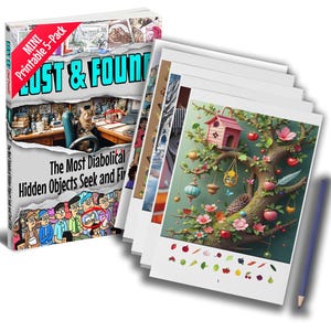 Peut inclure: Un ensemble de puzzles d'objets cachés imprimables "Lost & Found" avec un crayon. La couverture du livre présente un chat dans un bureau et le texte "The Most Diabolical Hidden Objects Seek and Find". Les pages des puzzles ont des illustrations colorées.