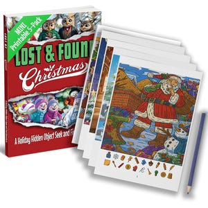 Pode incluir: Um livro vermelho intitulado "LOST & FOUND Christmas" com uma etiqueta verde "Mini Printable 5-Pack". O livro está ao lado de várias páginas para colorir com o Pai Natal e outras imagens de férias. Há também um lápis azul.